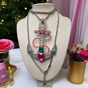 Betsey Johnson Vintage Oversized Nautical Anchor Silver Statement Necklace
